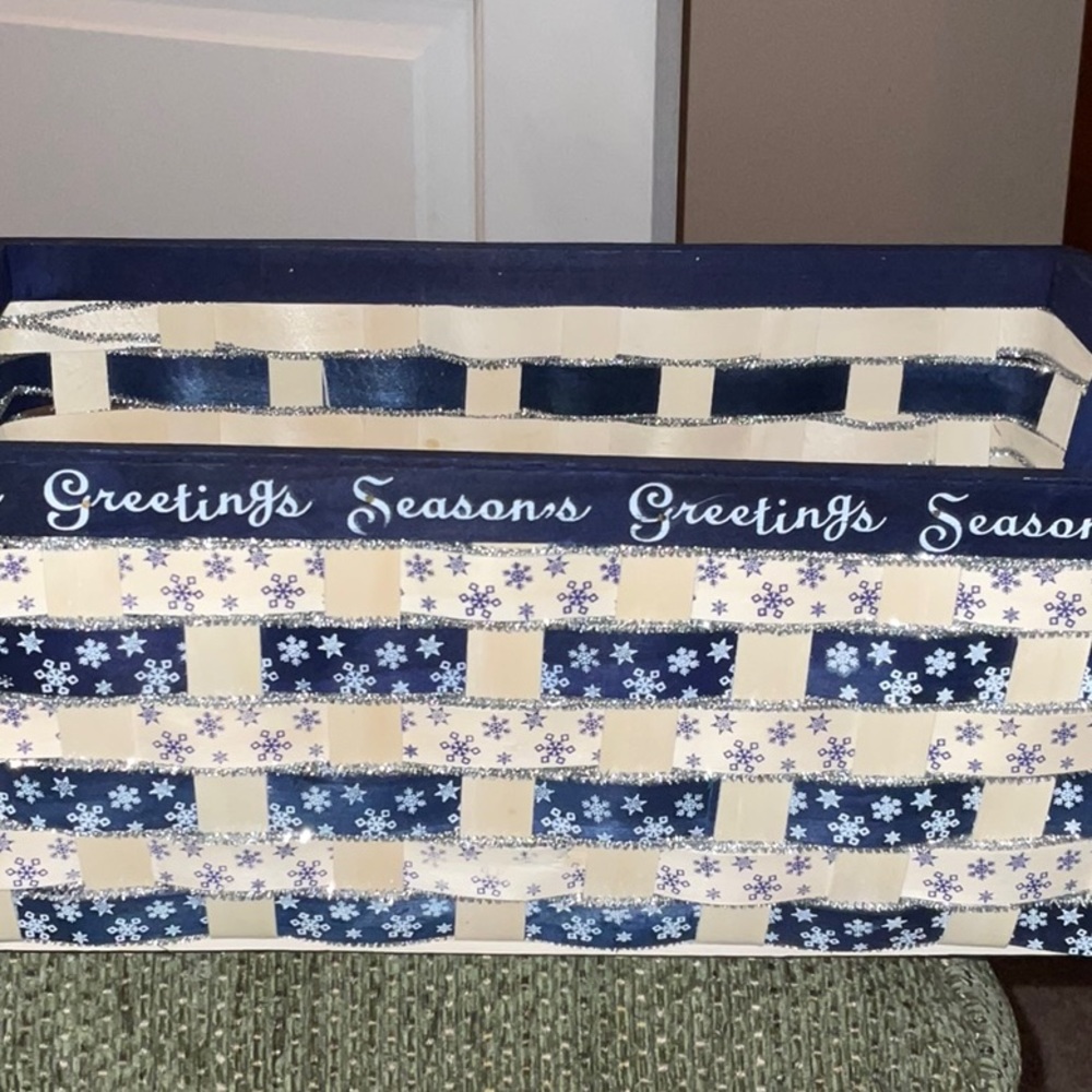 Holiday SEASONS GREETINGS Blue, Ivory, Silver Rectangular Wicker Basket handles - Picture 5 of 11